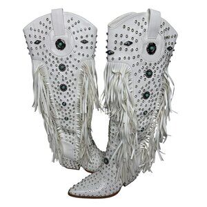 Azalea Wang White Fringe Studded Cowboy Boots 6.5 NWT